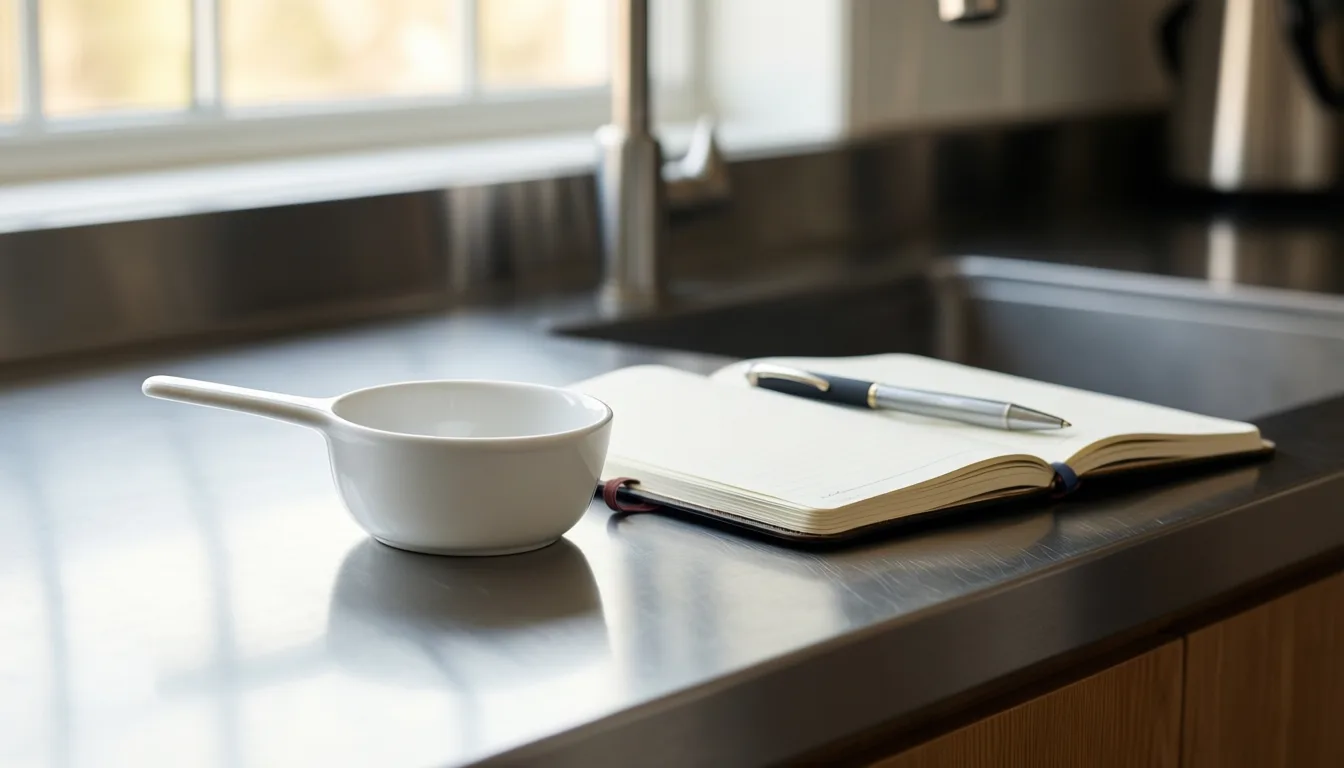 A measuring scoop and notebook on a kitchen counter