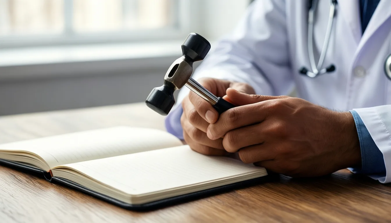 clinician hands with reflex hammer and notebook