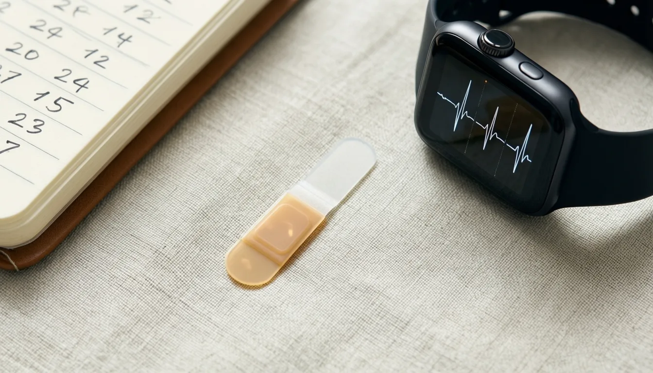 Wearables and a notebook arranged on a linen surface