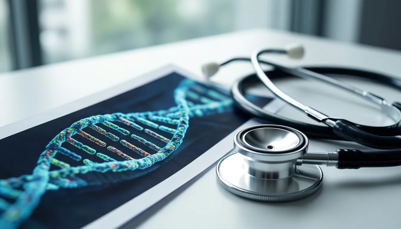 Genetic sequencing printout beside a stethoscope