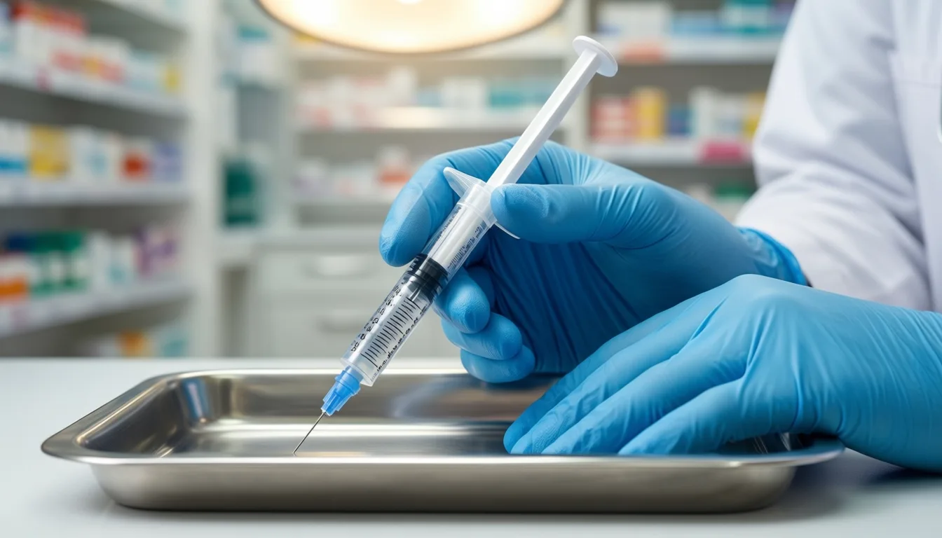 Gloved hands holding an unbranded injector pen over a pharmacy tray.