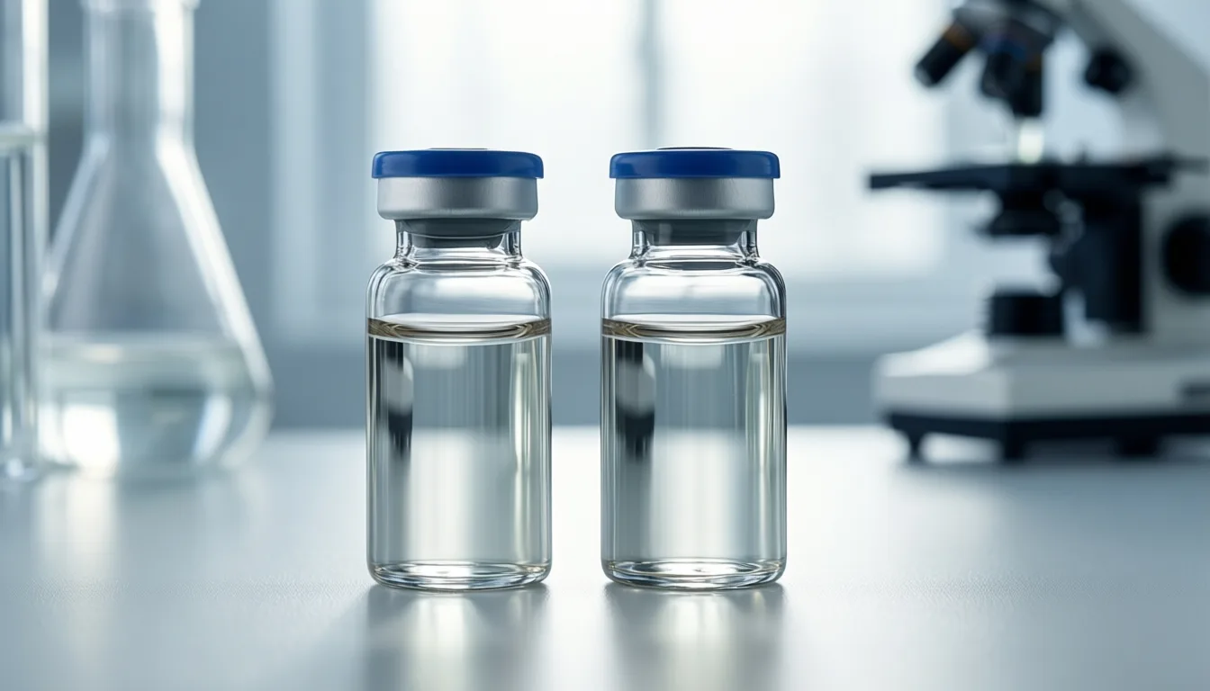Two glass medical vials side by side on a lab bench.