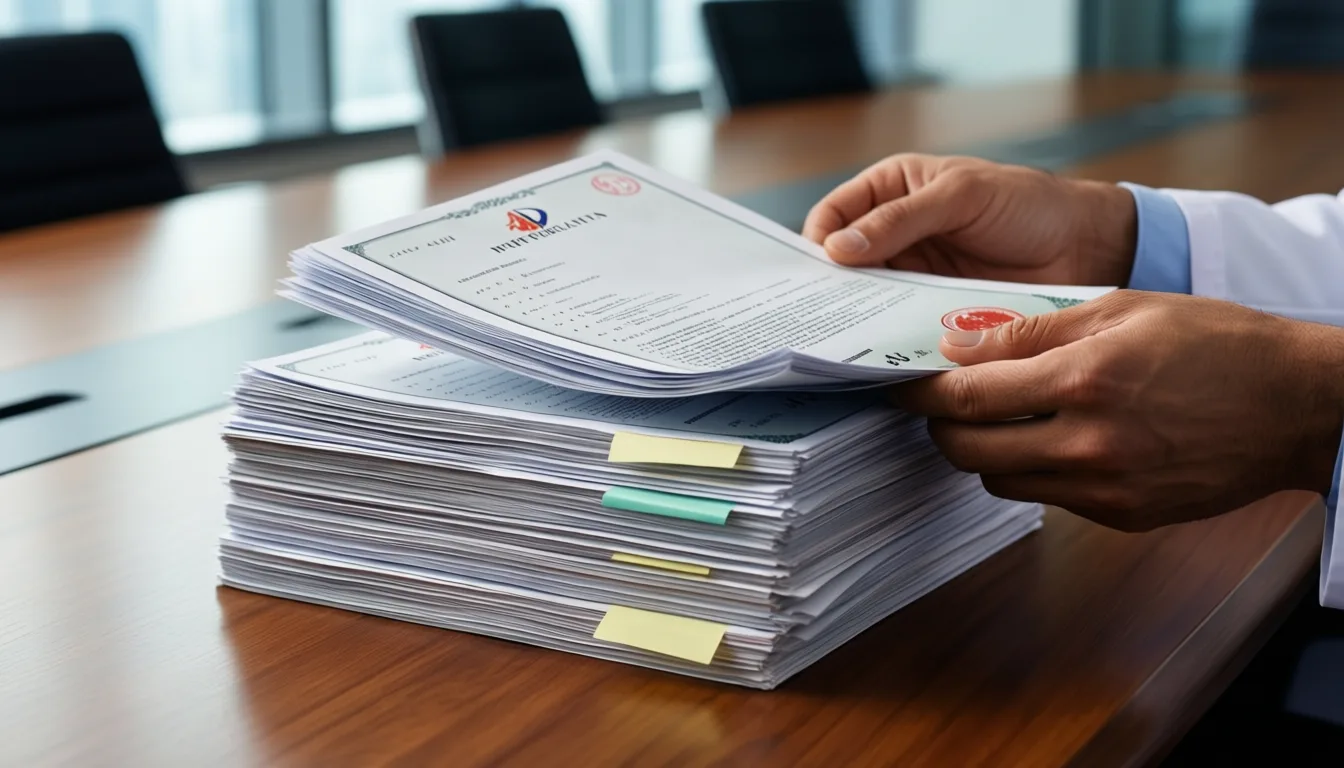 Hands paging through stacked patent documents with sticky tabs