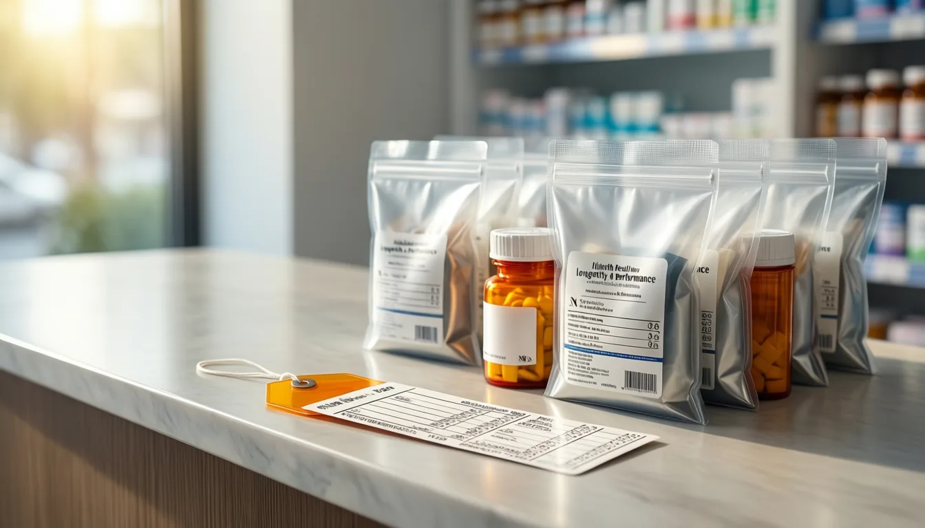 Prescription bags lined up on a pharmacy counter