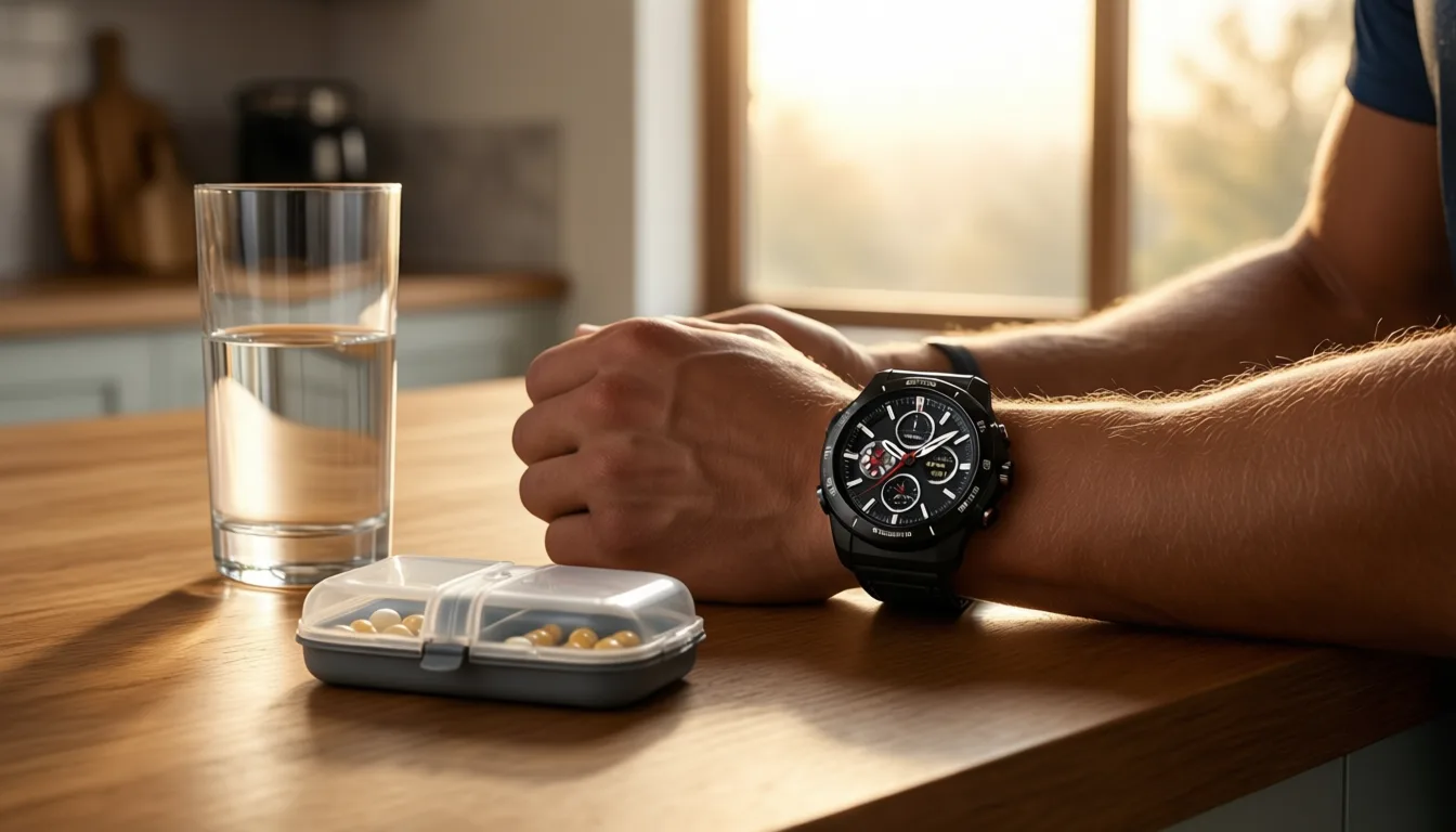 A pill organizer and sports watch on a kitchen counter in morning light