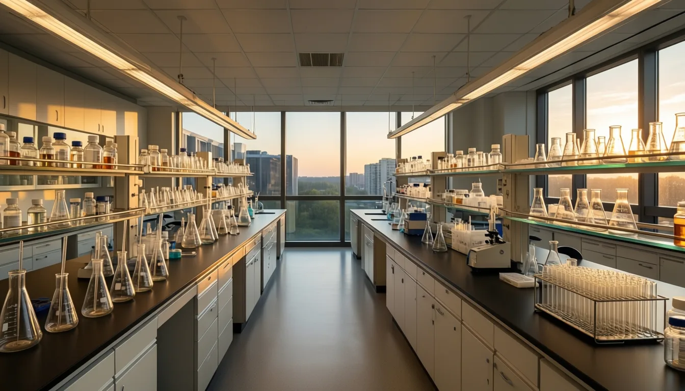 An overhead view of a modern pharmaceutical research lab.