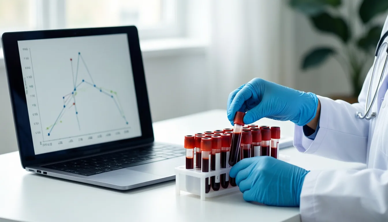 Blood sample tubes beside a laptop showing a scatter plot of data