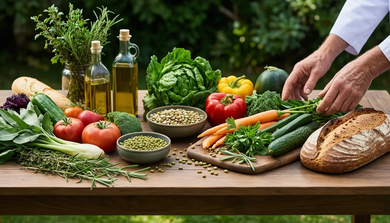 A rustic outdoor table piled with fresh vegetables, legumes, herbs, and bread.