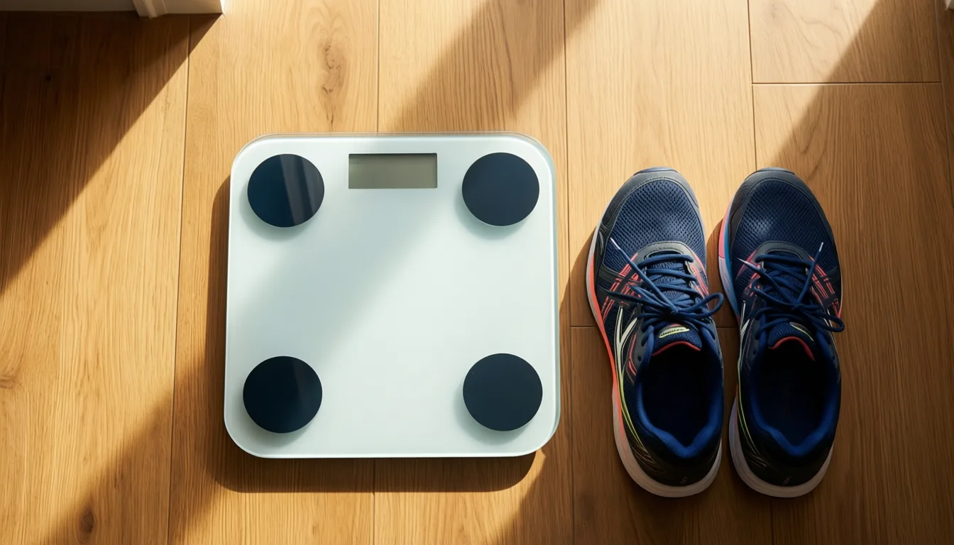 Bathroom scale and running shoes on a wooden floor in morning light