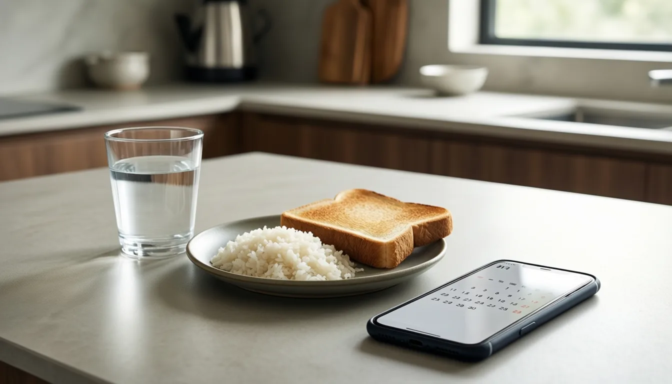 Glass of water, plain food and a phone on a kitchen counter
