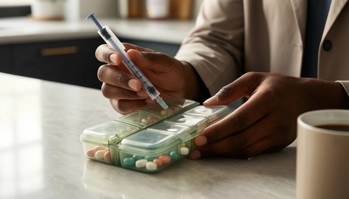 Hands holding a medication injector pen on a kitchen counter