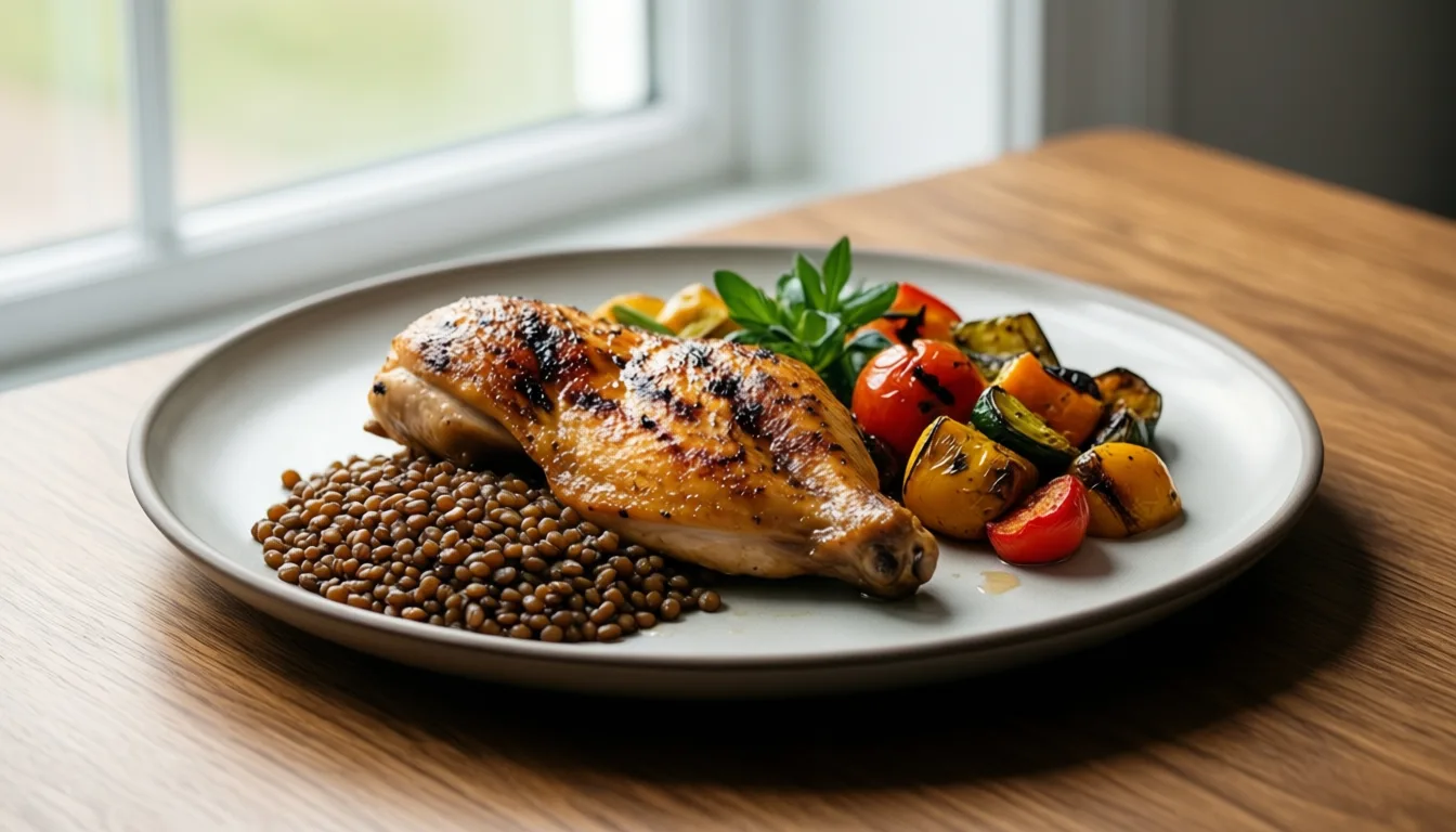 A plate of high-protein food on a wooden table