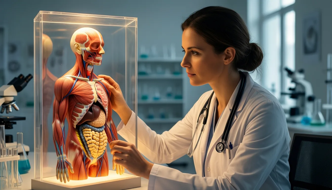 Researcher viewing a 3D anatomical model on a transparent display