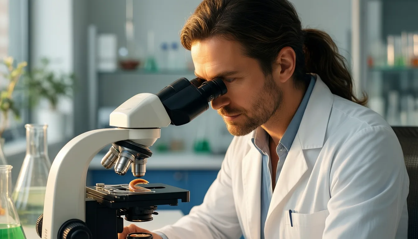A researcher examining nematode worms under a microscope