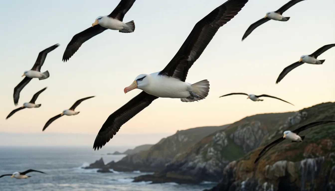 Seabirds in flight at dawn over a rocky coast