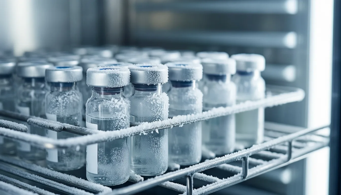 Frost-covered laboratory sample vials in a storage rack