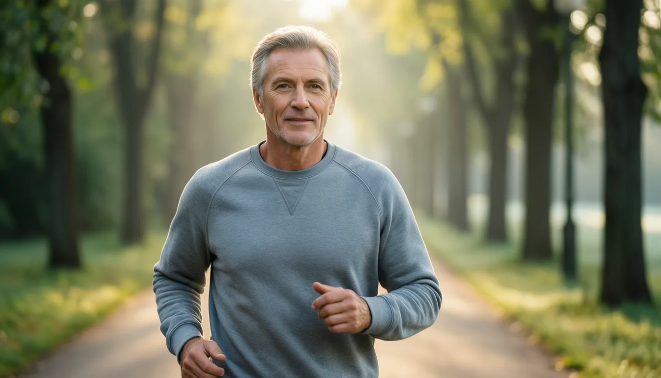 Older man walking briskly on a tree-lined path at dawn