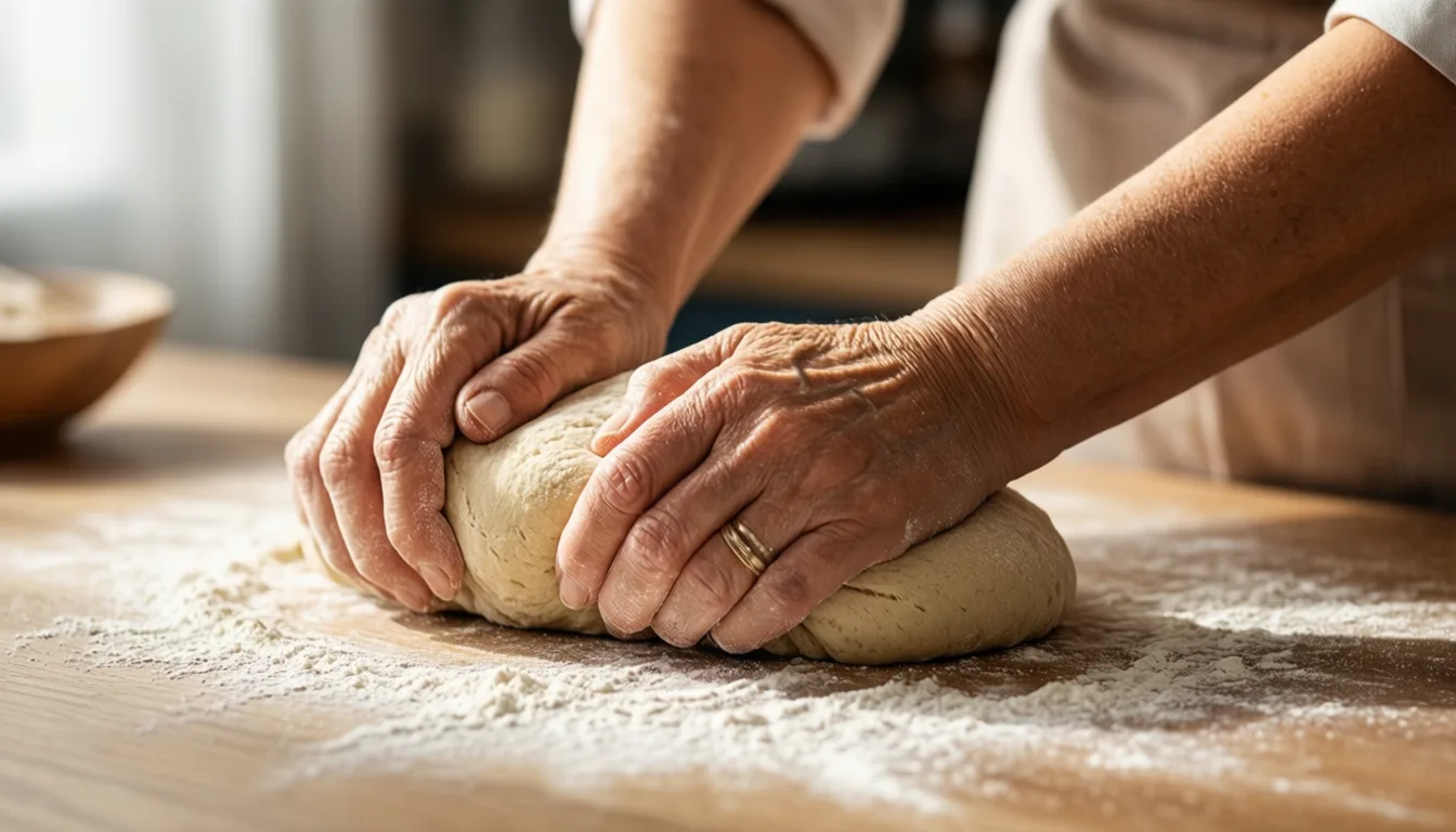 Older woman's hands kneading bread dough