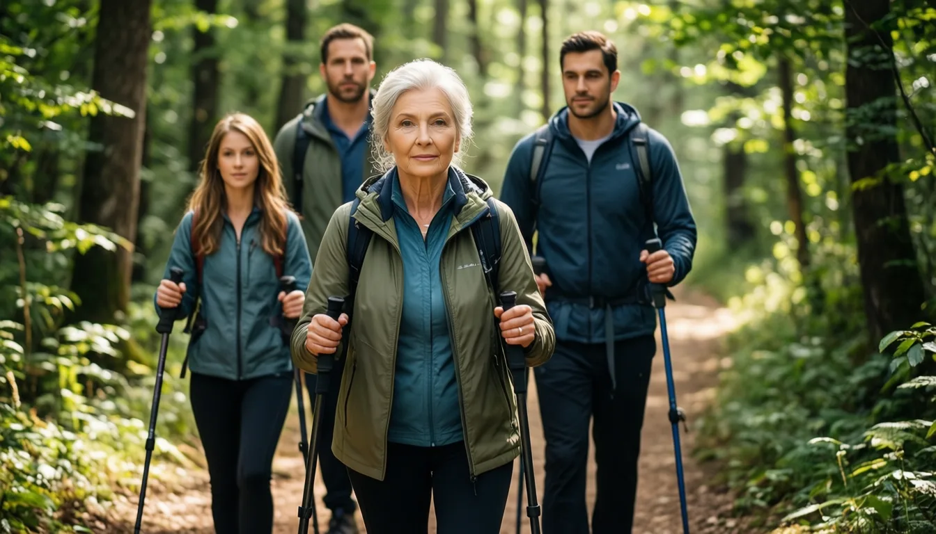 Multigenerational family hiking a forest trail
