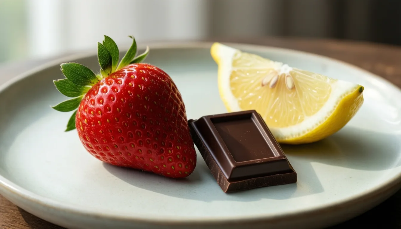Strawberry, dark chocolate and lemon wedge on a pale plate