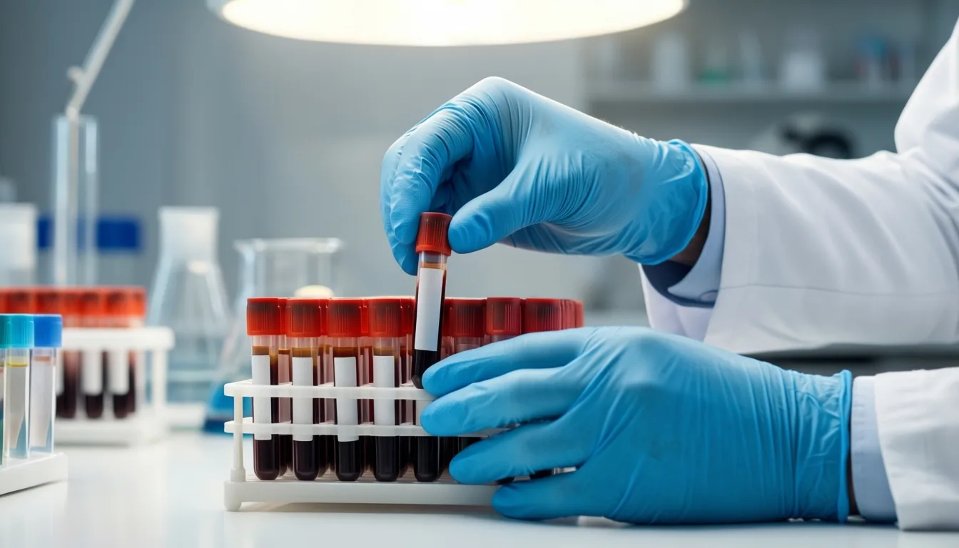 Gloved hands placing a labeled blood sample in a lab rack