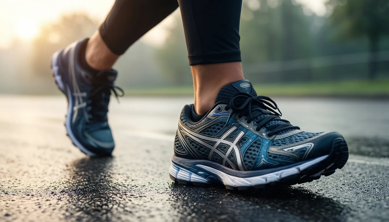 Running shoes mid-stride on wet pavement