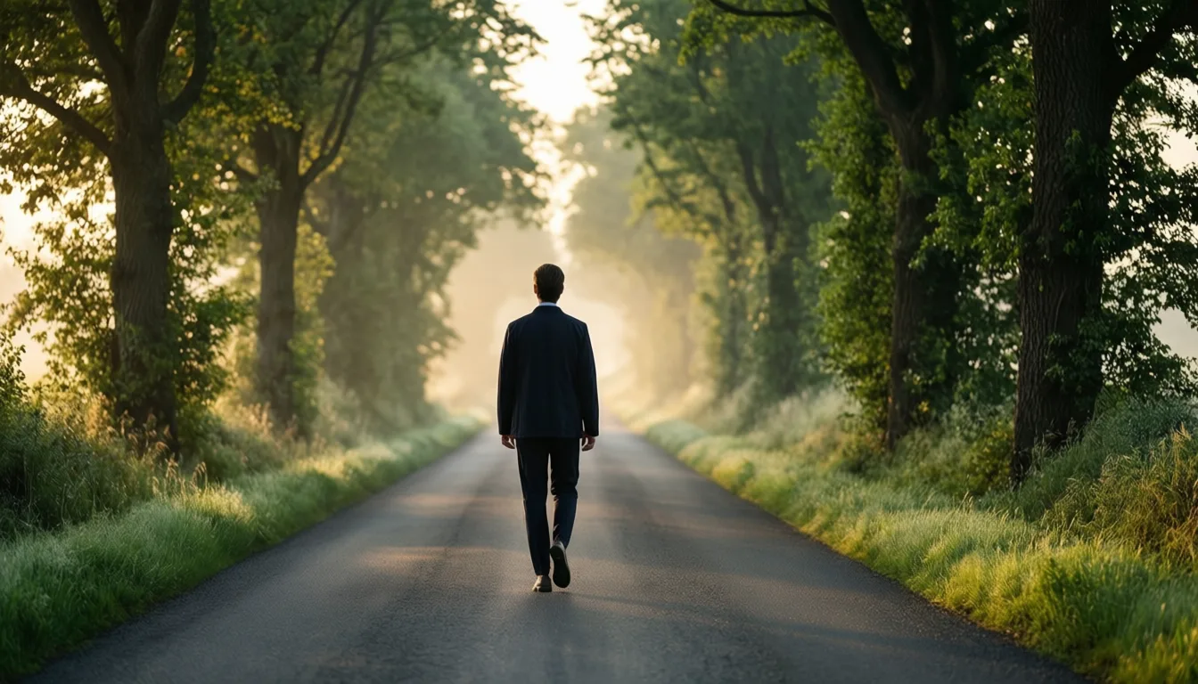 A solitary figure walking down a tree-lined road at dawn
