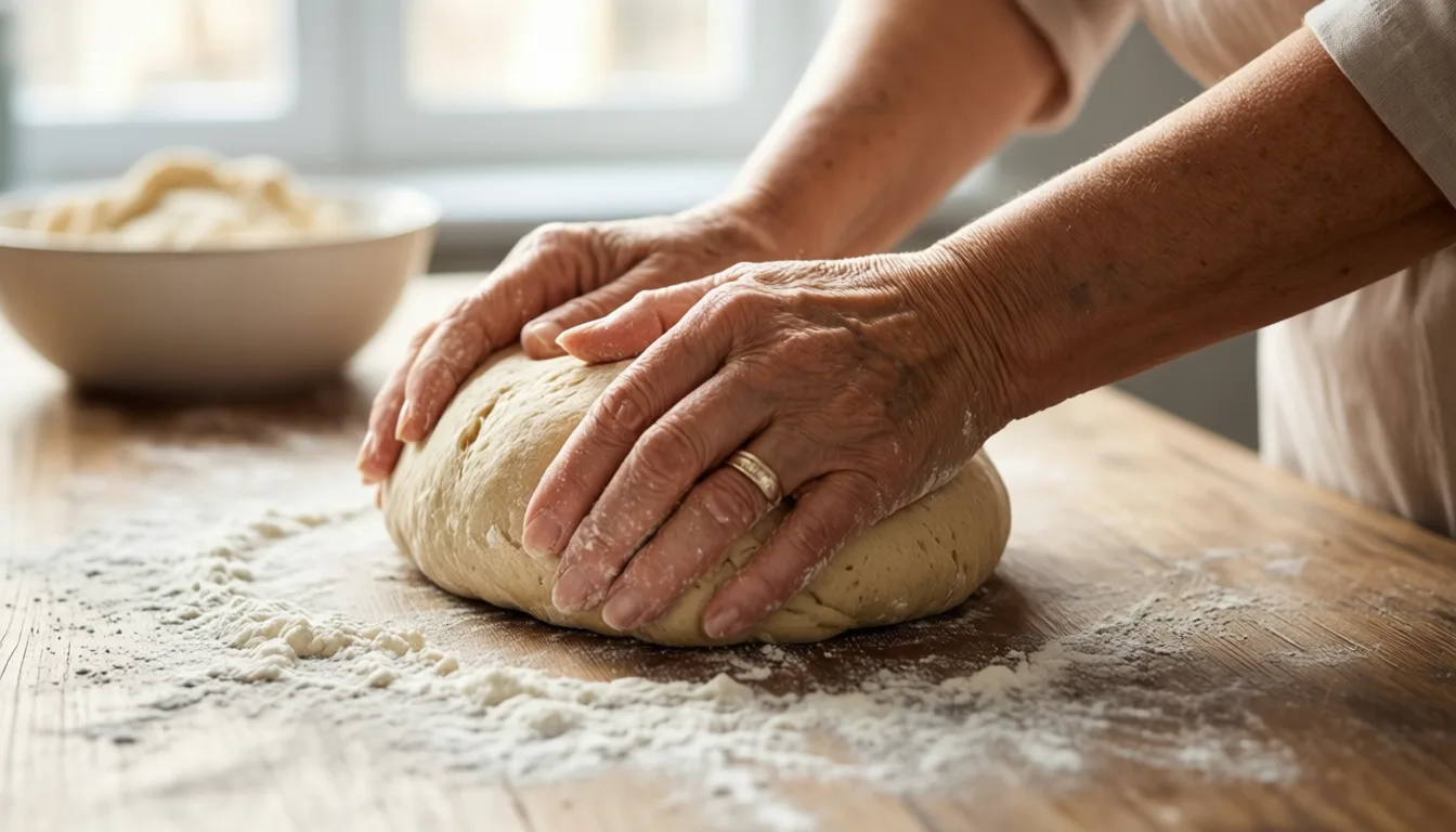 Older woman's hands kneading bread dough