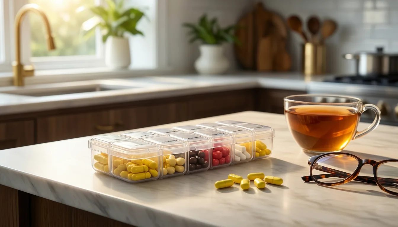 Pill organizer, tea, and reading glasses on a kitchen table