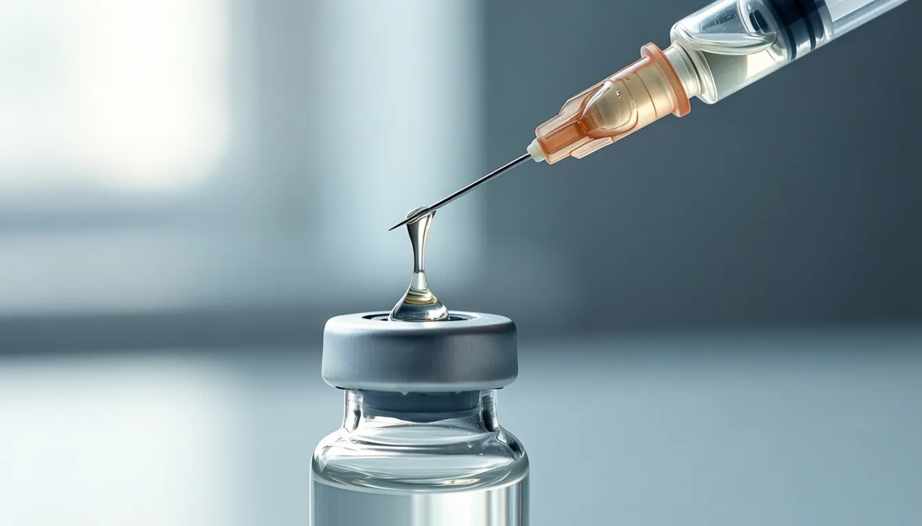 Close-up of a syringe drawing clear liquid from a medical vial