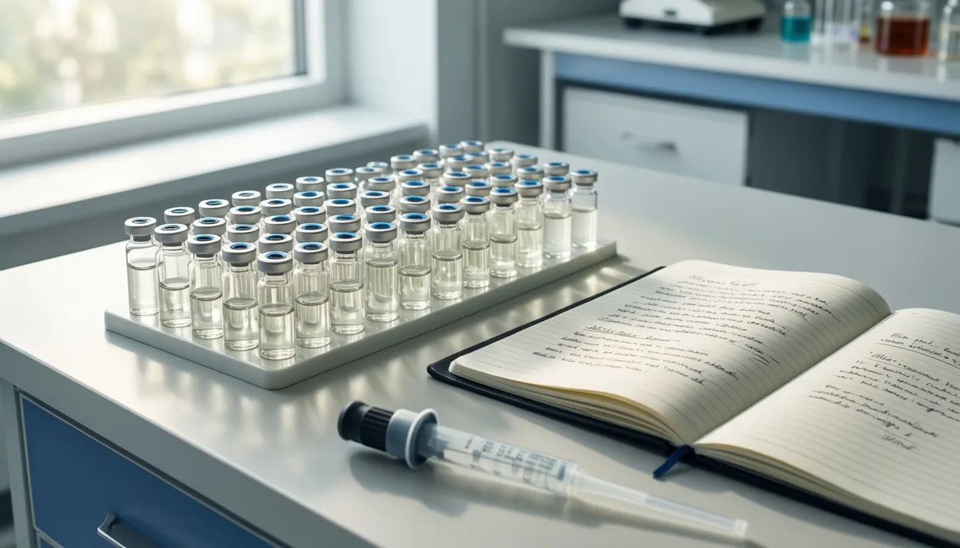 Overhead view of a laboratory bench with vials and a pipette