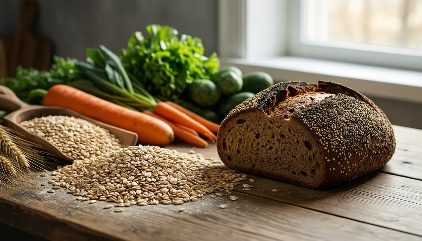 Whole oats, barley, vegetables and dark bread arranged on a wooden table