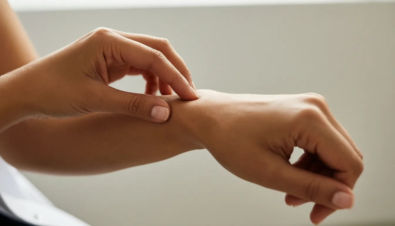 A woman checking her pulse at the wrist