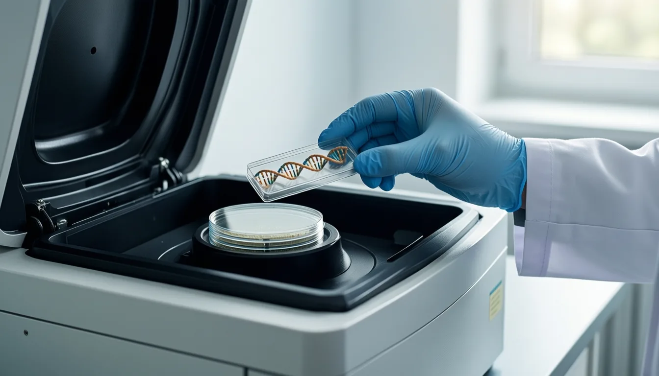 A gloved hand loads a sample plate into a methylation analyzer.
