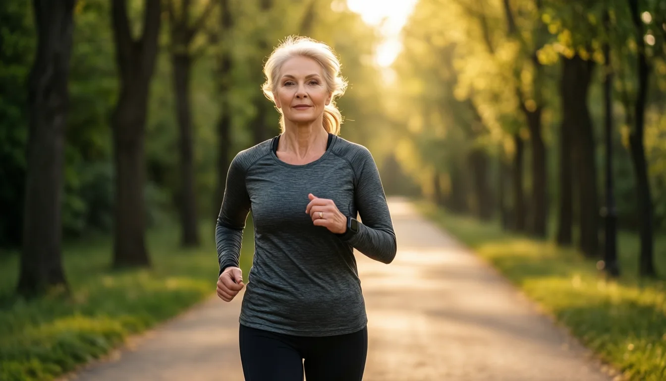A woman walks briskly along a tree-lined path in late-afternoon light.