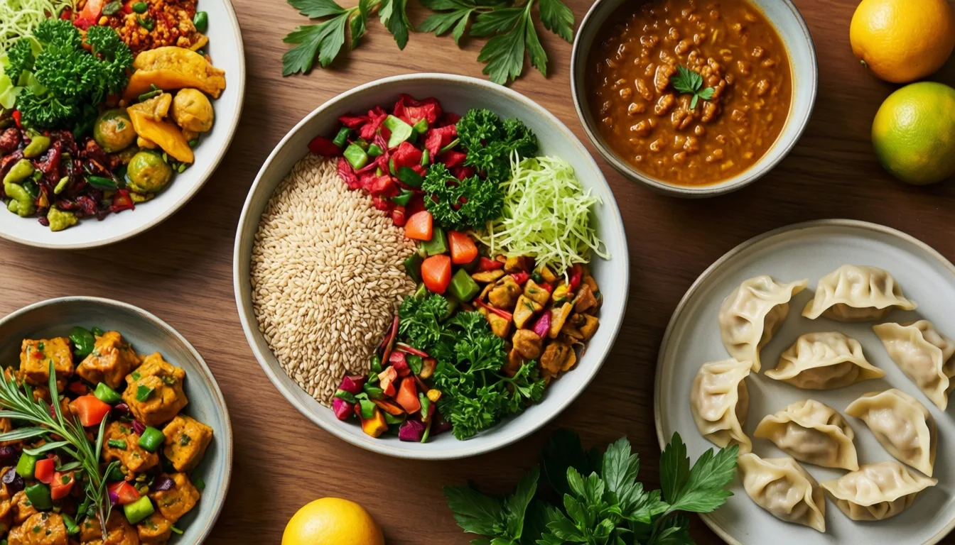 An overhead view of a varied, multicultural meal spread on a wooden table